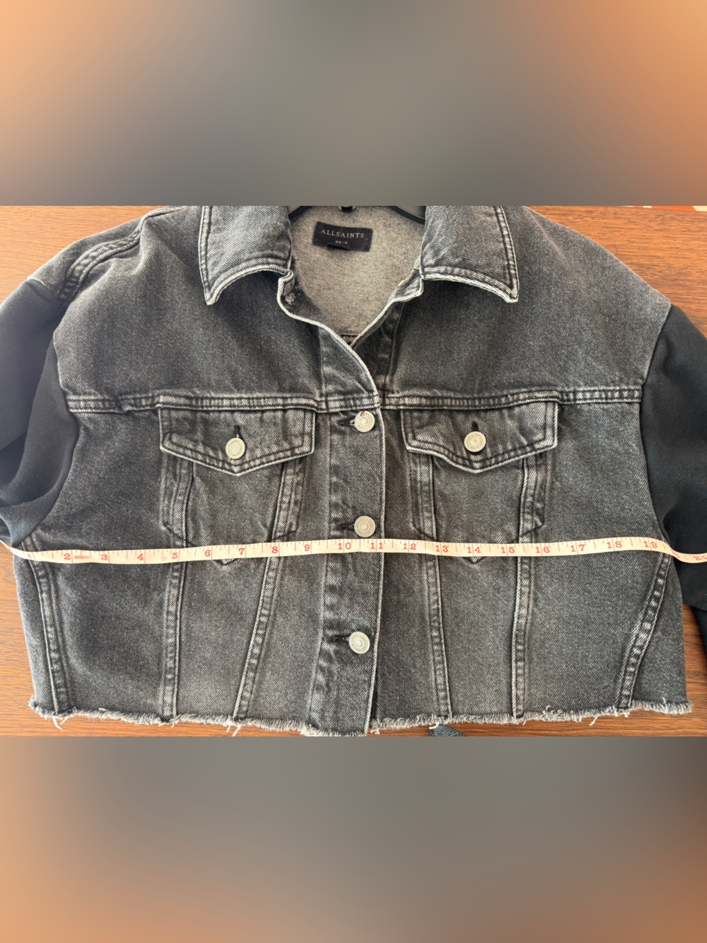 AllSaints Anders Mixed Media Cropped Denim Jacket: XS - Picture 12 of 13